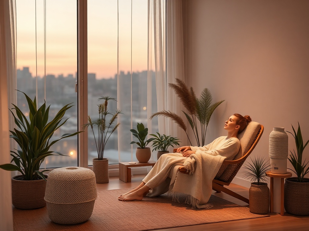 "serene therapy room" "soft dusk light" "comfortable chair with blanket" "person breathing calmly" "gentle plants" "warm muted colors"