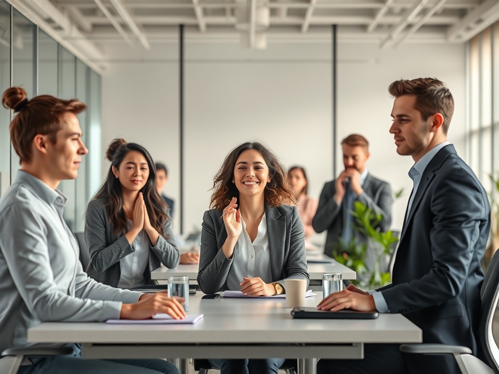 A calm, modern office scene showing diverse professionals experiencing rapid stress relief through small breathing exercises and micro-routines; soft light, serene colors, no logos.