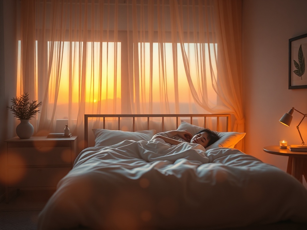 "A serene bedroom at dusk, warm golden light, soft-focus, a calm sleeper in a cozy bed surrounded by drifting, dreamlike orbs of mist, tranquil atmosphere"