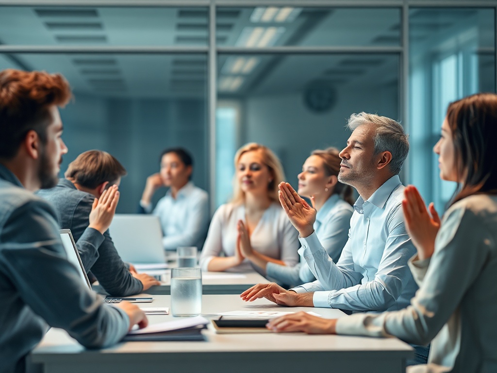A calm, modern office scene showing diverse professionals experiencing rapid stress relief through small breathing exercises and micro-routines; soft light, serene colors, no logos.