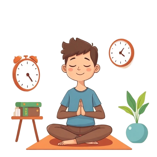 "A calm person in a small, cozy corner practicing box breathing, shallow smile, soft lighting, gentle shadows, minimal clutter, clock showing minutes, simple breath bubbles, soothing colors""