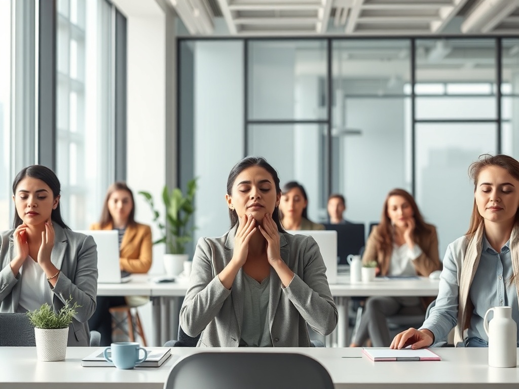 A calm, modern office scene showing diverse professionals experiencing rapid stress relief through small breathing exercises and micro-routines; soft light, serene colors, no logos.