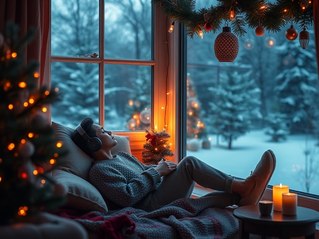 "A serene, cozy holiday scene with soft warm lights; a person resting in a quiet corner, headphones, snow outside, tranquil colors, gentle mindfulness vibes."