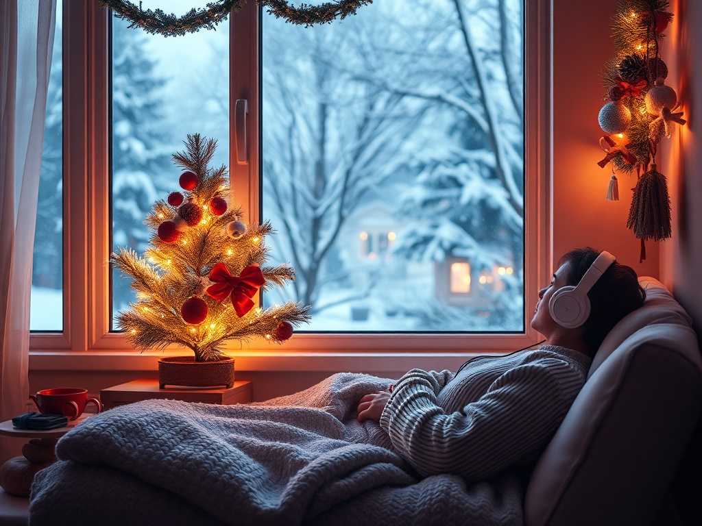 "A serene, cozy holiday scene with soft warm lights; a person resting in a quiet corner, headphones, snow outside, tranquil colors, gentle mindfulness vibes."
