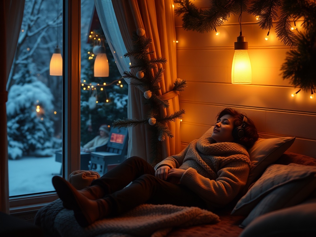 "A serene, cozy holiday scene with soft warm lights; a person resting in a quiet corner, headphones, snow outside, tranquil colors, gentle mindfulness vibes."