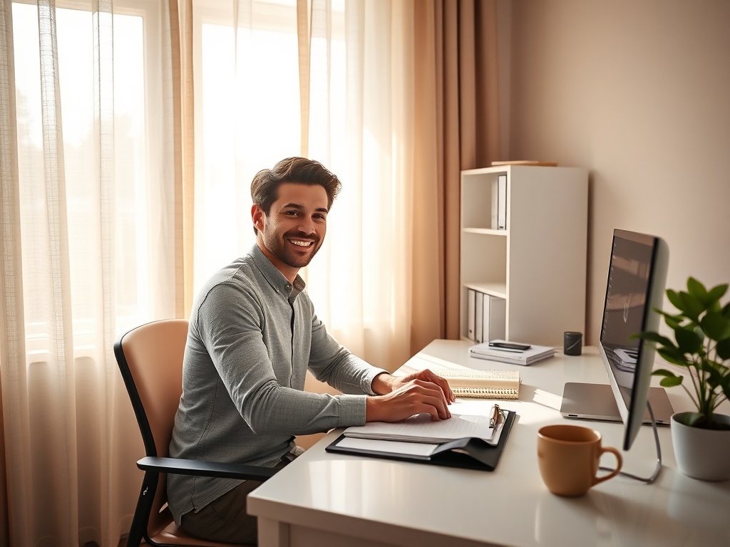 "A calm modern home office" "soft morning light through sheer curtains" "person smiling, relaxed posture at desk" "organized planner, coffee cup, small plant" "subtle warm color palette, minimal distractions"