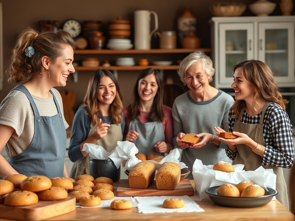"A warm, inviting kitchen scene showcasing diverse gluten-free baking, joyful testers sharing stories, golden loaves, cookies, and a cocoa-toned backdrop, candid smiles."