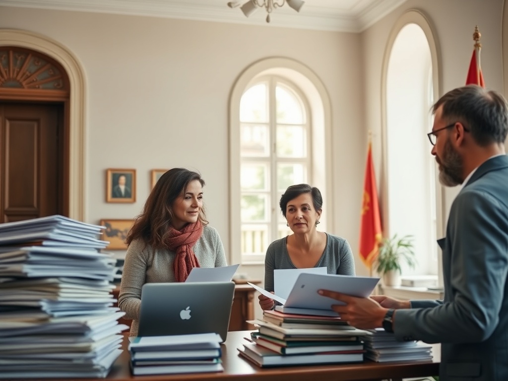 A detailed scene showing a calm, sunlit Portuguese town hall interior with a diverse adopter–emigrante couple consulting a friendly local gestor, piles of documents neatly organized, laptops open, and a Portuguese flag subtly in the background.