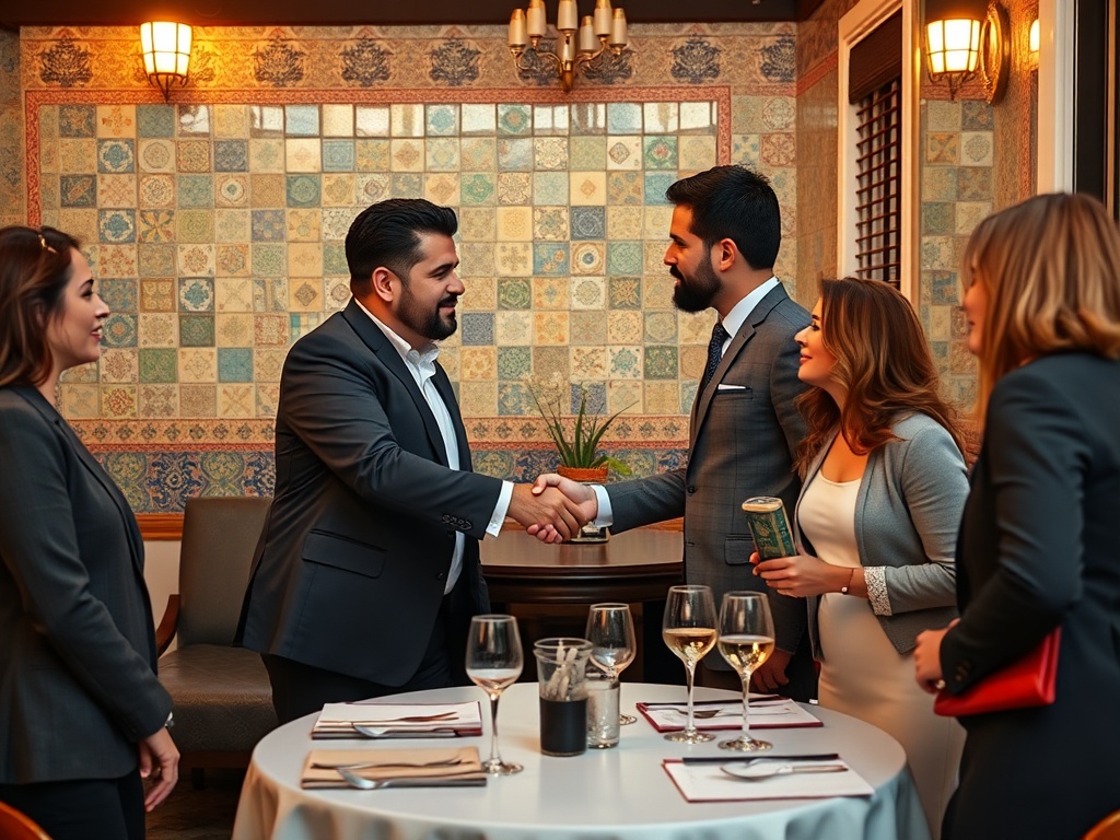 A vibrant scene in Portugal showing warm greetings, a handshake transitioning to three kiss gestures among friends, colorful tiles, elegant business attire, inviting dining table, subtle cultural symbols, golden-hour lighting.