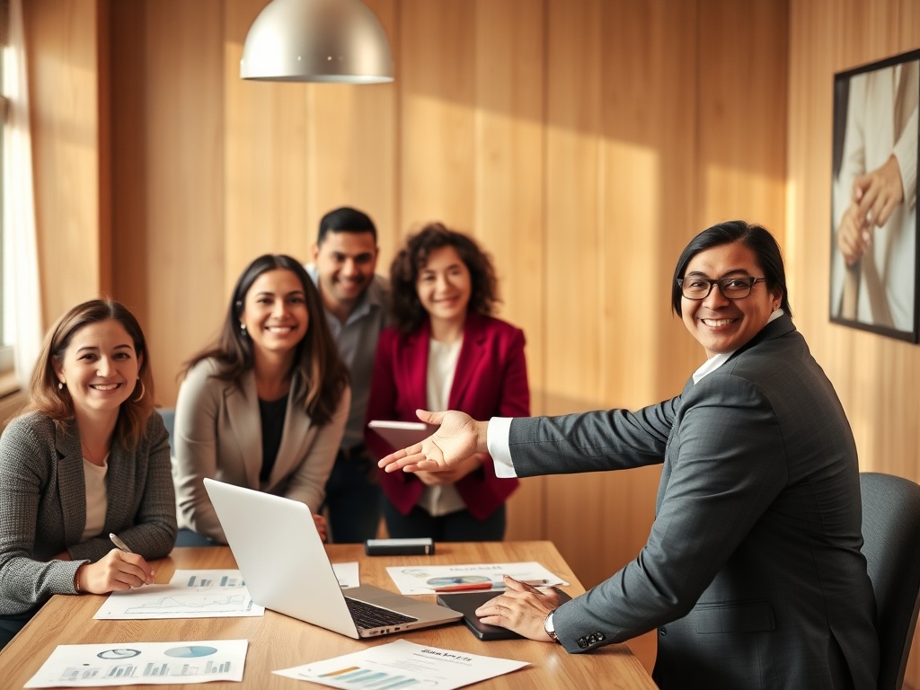 "warm cozy meeting room" "diverse group of professionals smiling" "one confident presenter pointing at laptop" "charts and notes on table" "soft natural light" "friendly collaborative atmosphere"