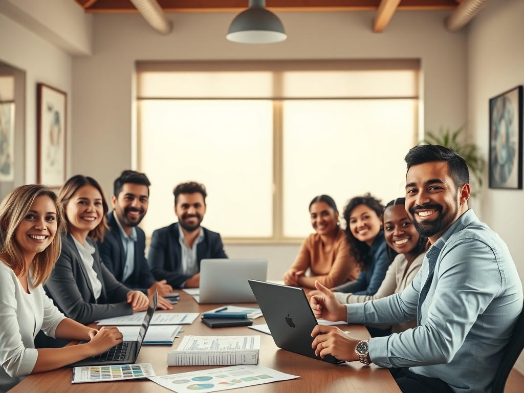"warm cozy meeting room" "diverse group of professionals smiling" "one confident presenter pointing at laptop" "charts and notes on table" "soft natural light" "friendly collaborative atmosphere"