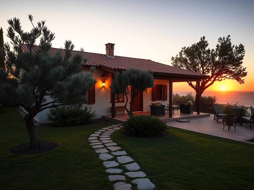 "sunlit single‑storey bungalow" "Mediterranean stucco, terracotta roof" "spacious garden with olive trees" "private stone pathway" "cozy veranda with lounge chairs" "distant Atlantic glow at sunset"