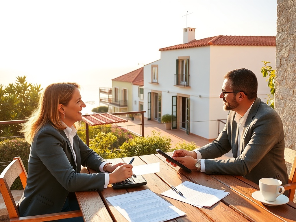 "sunlit Portuguese coastal villa" "lawyer advising couple at wooden table" "documents, calculator, coffee cup" "soft warm color palette, realistic"