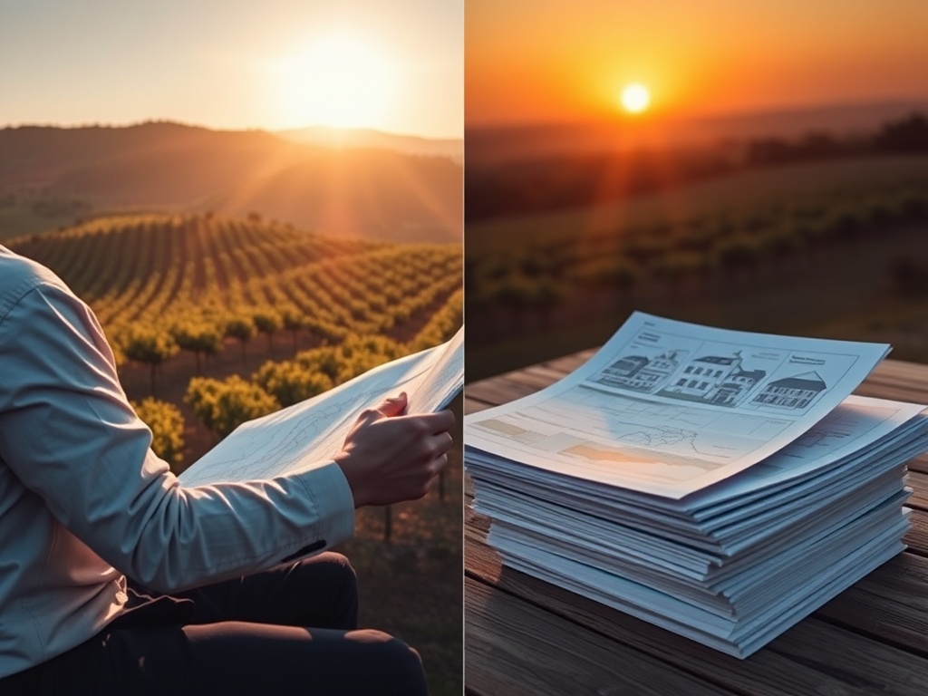 "sunlit Portuguese vineyard hillside" "modern businessman reviewing maps at wooden table" "stack of property blueprints" "golden sunset, warm tones"