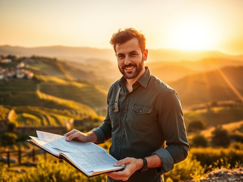 "sunlit Portuguese countryside" "fertile terraced fields" "confident investor reviewing maps" "small notebook with calculations" "warm golden-hour tones"