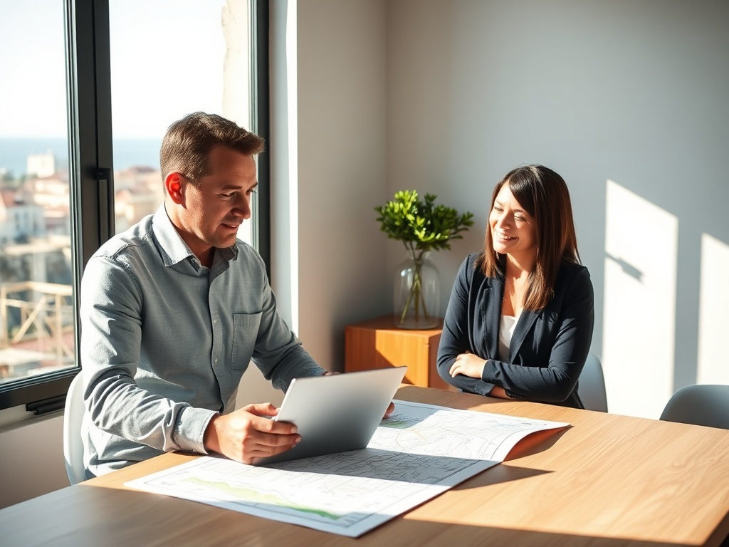 "A confident professional mentor and attentive client discussing land plans" "laptop with maps and charts" "Portuguese coastal landscape visible through window" "warm natural lighting" "modern minimalist office"