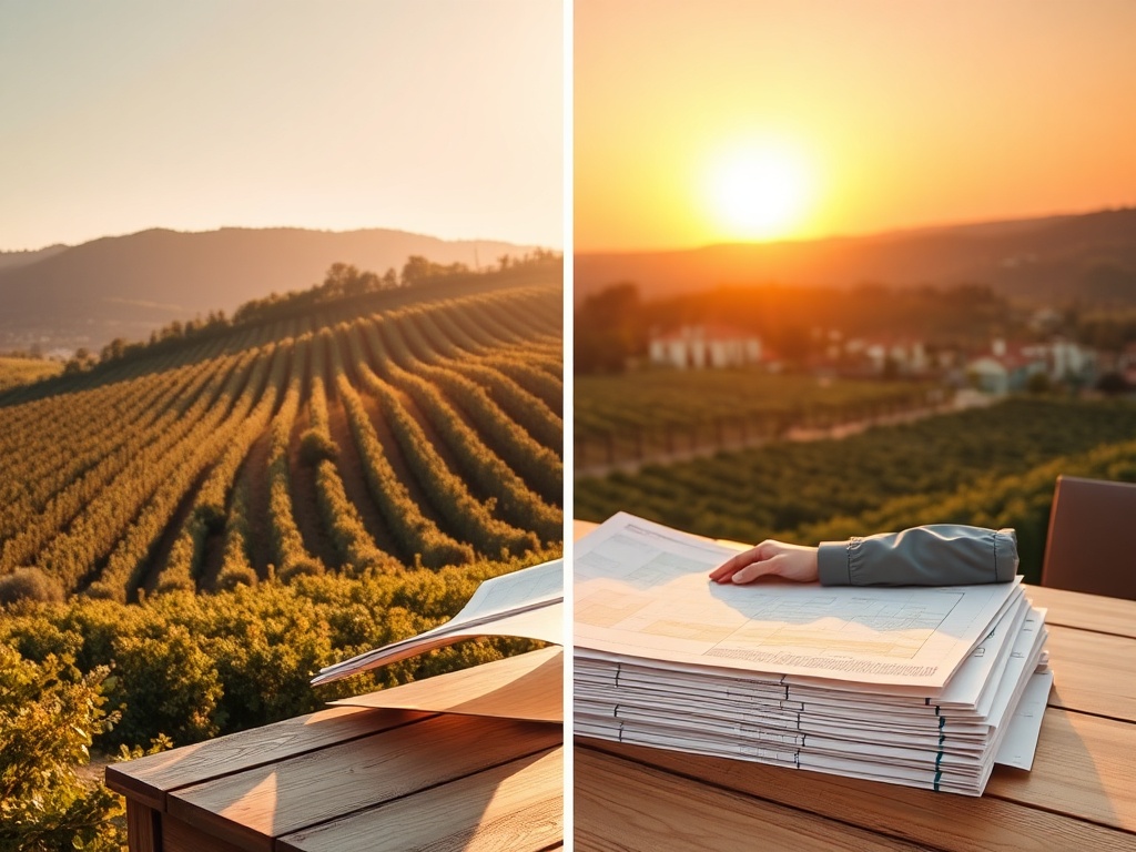 "sunlit Portuguese vineyard hillside" "modern businessman reviewing maps at wooden table" "stack of property blueprints" "golden sunset, warm tones"