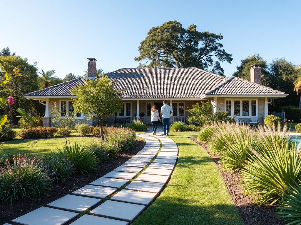 "Spacious serene bungalow" "expansive 2000m2 garden" "five marked plots" "friendly couple guiding" "sunlit pathway" "eco-friendly features" "calm, inviting atmosphere"