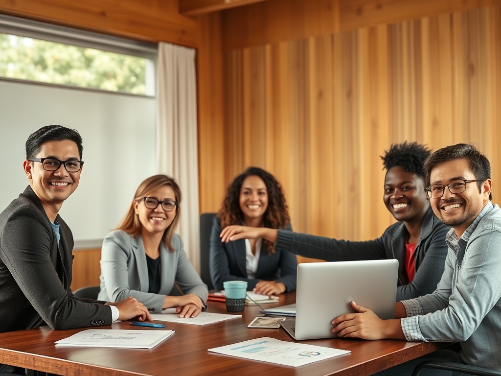 "warm cozy meeting room" "diverse group of professionals smiling" "one confident presenter pointing at laptop" "charts and notes on table" "soft natural light" "friendly collaborative atmosphere"