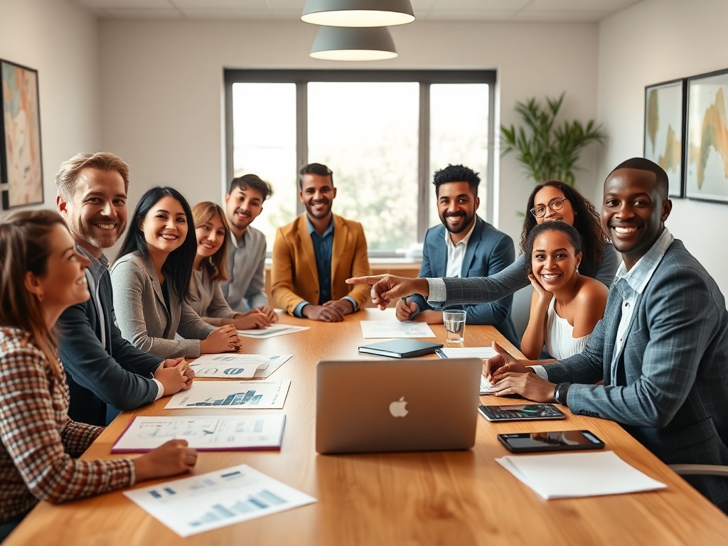 "warm cozy meeting room" "diverse group of professionals smiling" "one confident presenter pointing at laptop" "charts and notes on table" "soft natural light" "friendly collaborative atmosphere"