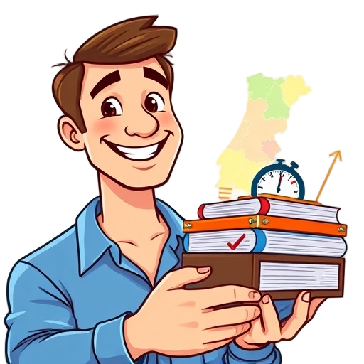 "broad smiling expert" "Portugal map" "construction toolbox" "checklist pages" "clock timer" "document stack" "handshake" "sunny background" "blue shirt" "friendly vibe""""