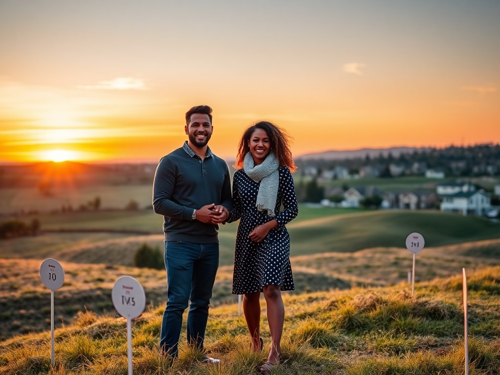 "A festive real estate launch scene" "sunset over rolling plots" "five marked stakes glowing softly" "happy diverse couple signing" "modern suburban homes distant"