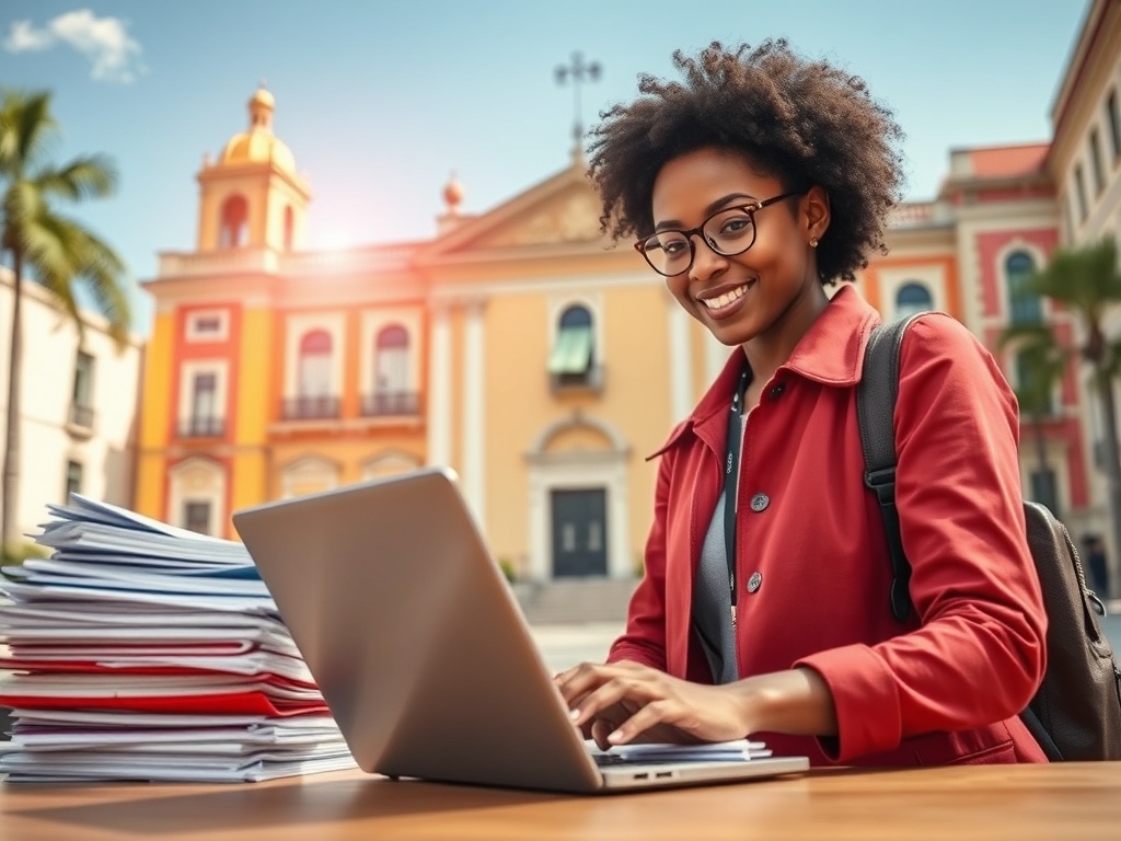 A poised scene showing a diverse person navigating a vibrant, sunlit Portuguese city hall backdrop, stacks of organized documents, a laptop with digital portals open, calm, confident atmosphere. "