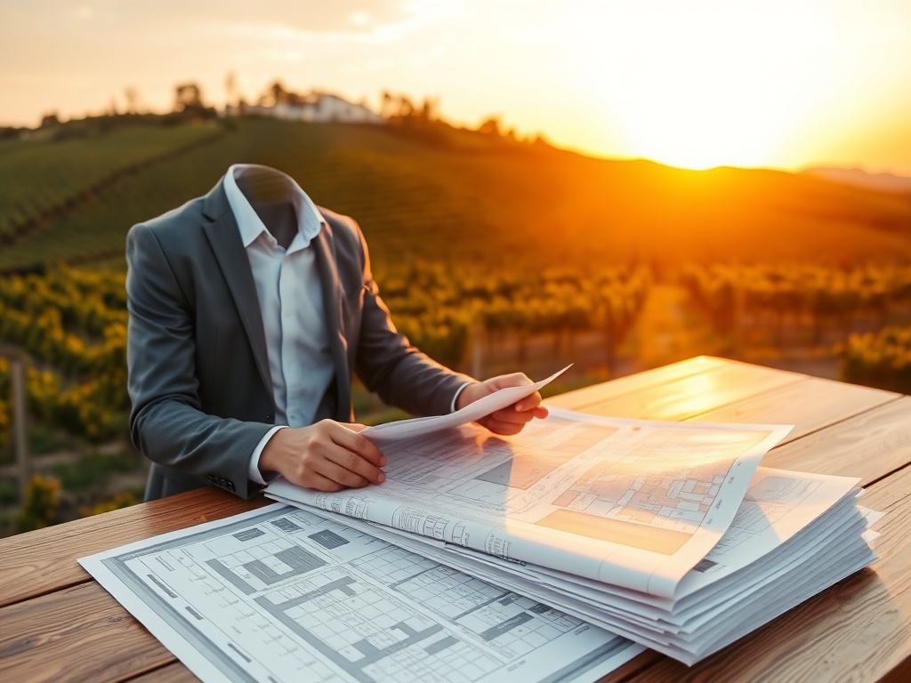 "sunlit Portuguese vineyard hillside" "modern businessman reviewing maps at wooden table" "stack of property blueprints" "golden sunset, warm tones"