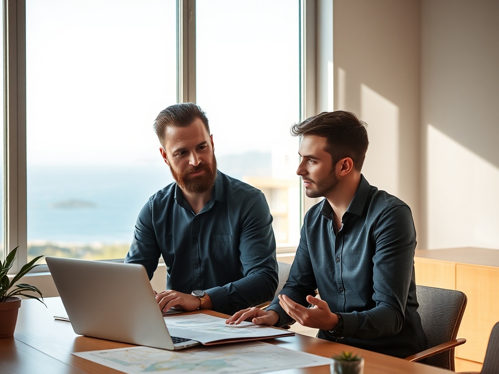 "A confident professional mentor and attentive client discussing land plans" "laptop with maps and charts" "Portuguese coastal landscape visible through window" "warm natural lighting" "modern minimalist office"