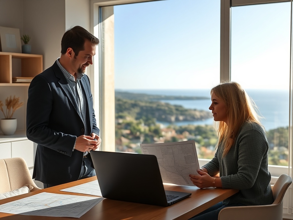 "A confident professional mentor and attentive client discussing land plans" "laptop with maps and charts" "Portuguese coastal landscape visible through window" "warm natural lighting" "modern minimalist office"
