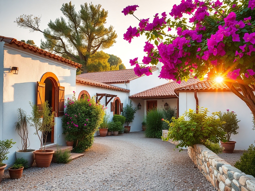 "Cozy affordable bungalows" "sunlit whitewashed cottages with terracotta roofs" "lush cork oak and bougainvillea" "gravel path, stone walls" "golden sunset, warm soft shadows"