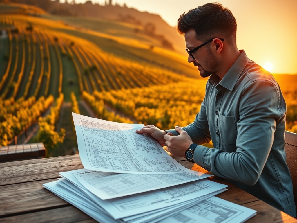 "sunlit Portuguese vineyard hillside" "modern businessman reviewing maps at wooden table" "stack of property blueprints" "golden sunset, warm tones"