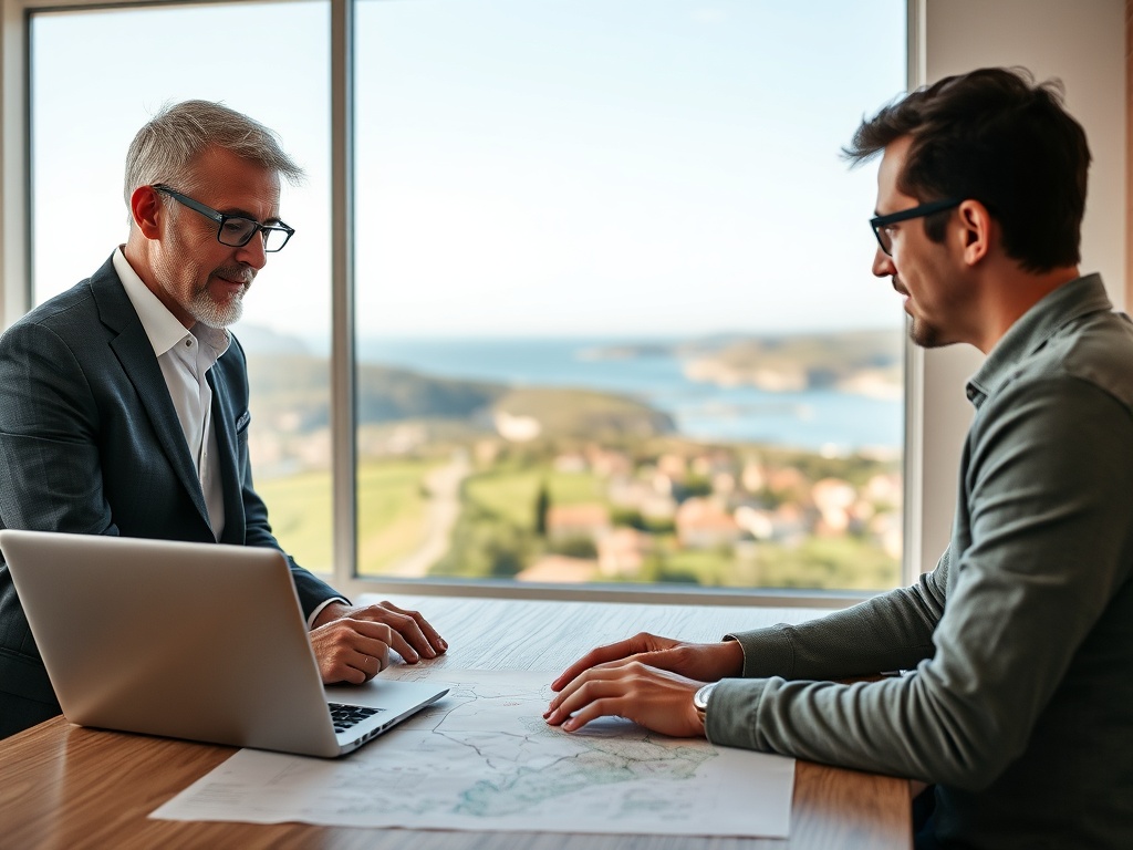 "A confident professional mentor and attentive client discussing land plans" "laptop with maps and charts" "Portuguese coastal landscape visible through window" "warm natural lighting" "modern minimalist office"