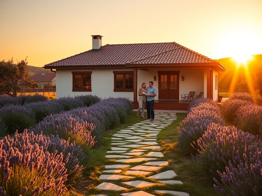 "Cozy modern bungalow on sunlit Portuguese plot" "lavender fields and olive trees" "wide stone pathway to wooden porch" "warm golden sunset, soft shadows" "couple reviewing blueprints beside porch"
