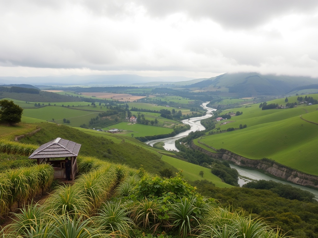 A windswept Minho landscape scene showing farmers, a rustic farmer from Ponte, a cozy B&B owner, a Vinho Verde winemaker, and a logistics manager; vivid microclimates, rain, rivers, and green valleys, overcast dramatic sky.