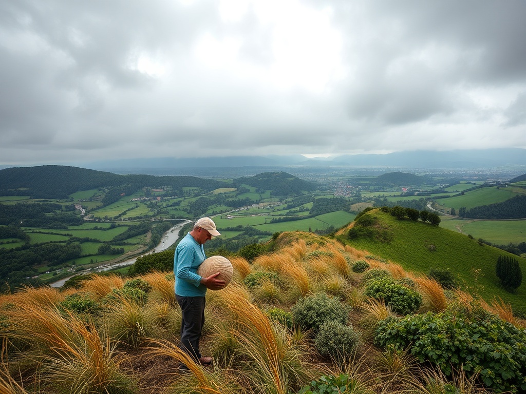 A windswept Minho landscape scene showing farmers, a rustic farmer from Ponte, a cozy B&B owner, a Vinho Verde winemaker, and a logistics manager; vivid microclimates, rain, rivers, and green valleys, overcast dramatic sky.