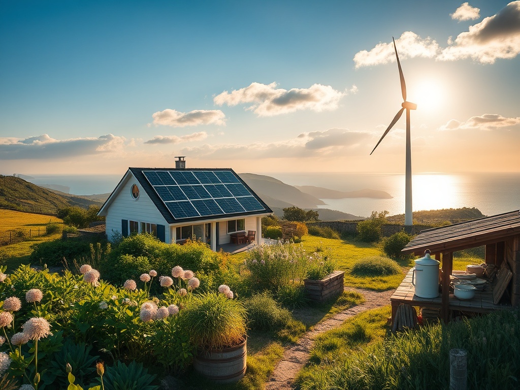 "A sunlit Minho landscape with sustainable house, solar panels, wind turbine, lush edible garden, flax fibers being processed, rustic workshop, local artisans, oceanic breeze."