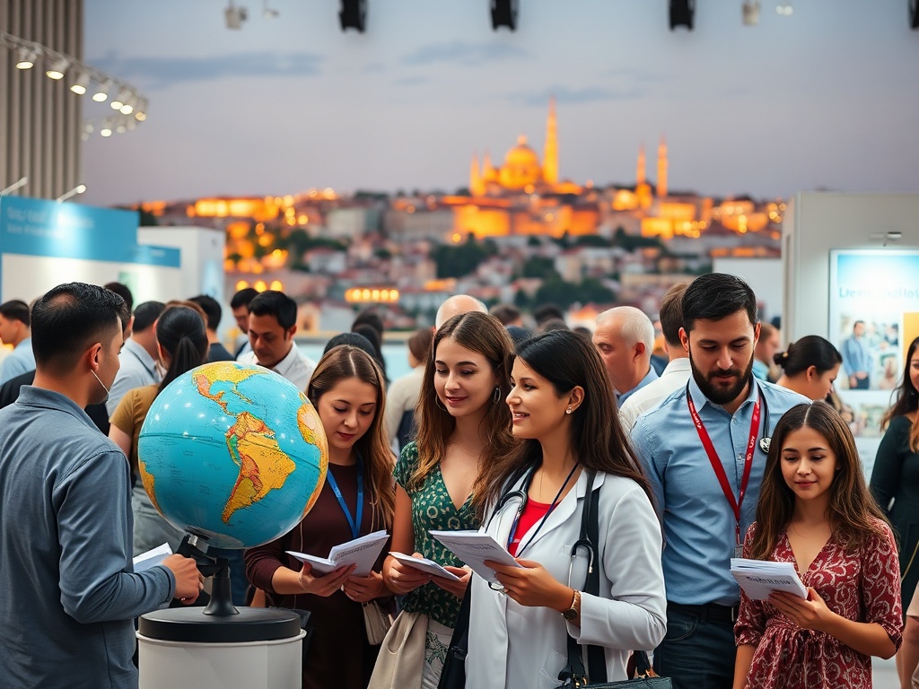 A detailed scene of a diverse group at a Portugal-themed healthcare expo, brochures, globe, stethoscope, Lisbon skyline, warm lights, informative atmosphere.