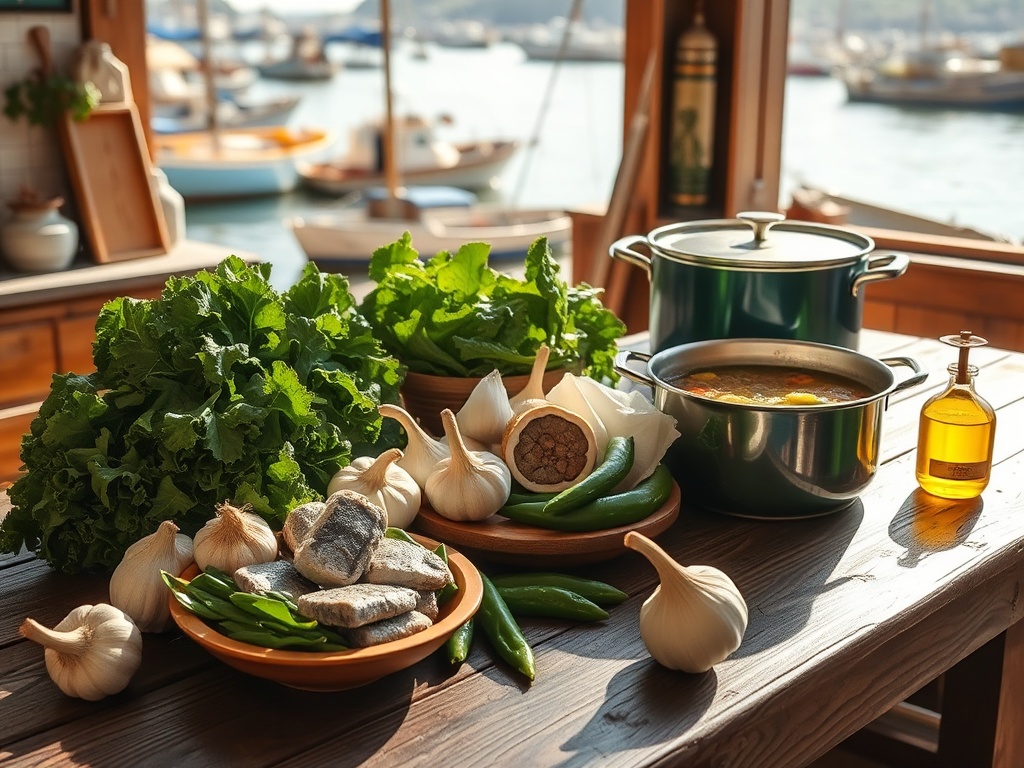 "A sunlit Minho kitchen scene with rustic wooden table, fresh greens (kale), canned cod, garlic, olive oil, peppers, and a pot simmering caldo verde; fishermen’s harbor in background."