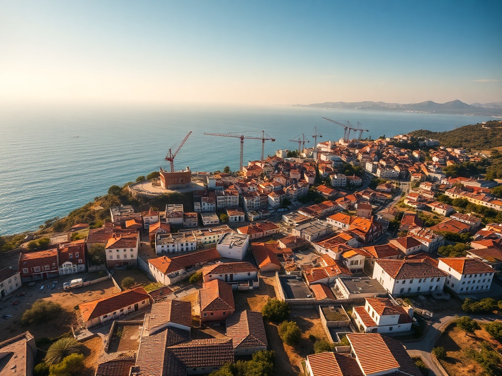 "Aerial view of a sunlit Portuguese coastal town with developing plots, cranes, and modern eco-buildings, olive trees and tiled roofs, warm earthy tones, dynamic sunrise."