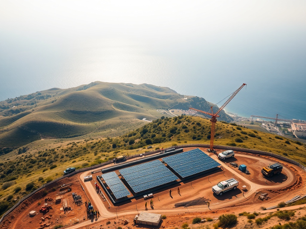 "Aerial view of coastal Portugal development site, rolling hills to modern construction, workers coordinating, solar panels, cranes, Mediterranean light, vibrant yet pragmatic mood."