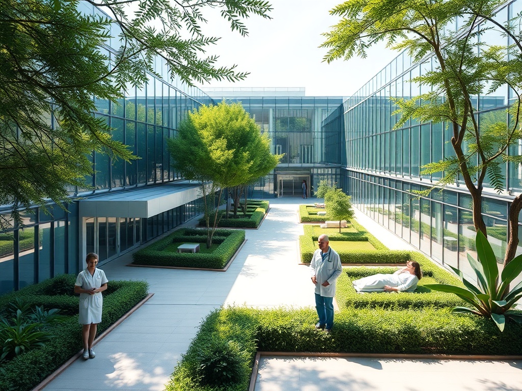 A lush Portuguese hospital campus with modern glass buildings, green courtyards, doctors in scrubs guiding visitors, soft sunlight, calm patients, and healthcare symbols, no branding.