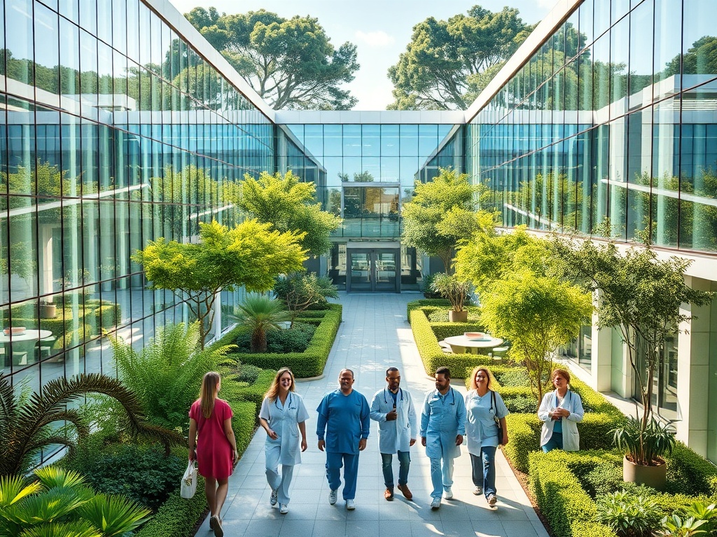 A lush Portuguese hospital campus with modern glass buildings, green courtyards, doctors in scrubs guiding visitors, soft sunlight, calm patients, and healthcare symbols, no branding.