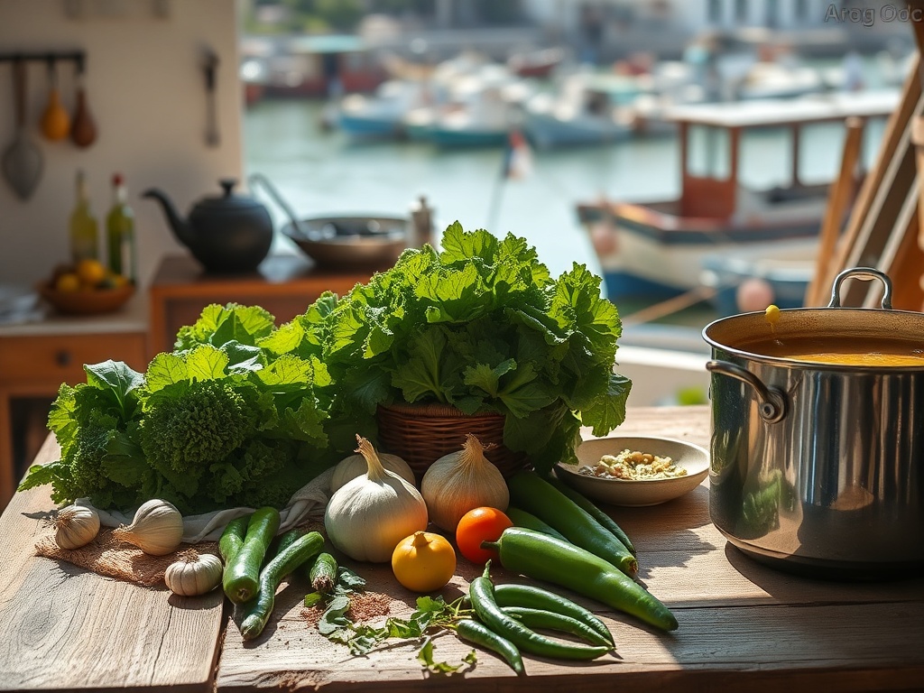 "A sunlit Minho kitchen scene with rustic wooden table, fresh greens (kale), canned cod, garlic, olive oil, peppers, and a pot simmering caldo verde; fishermen’s harbor in background."
