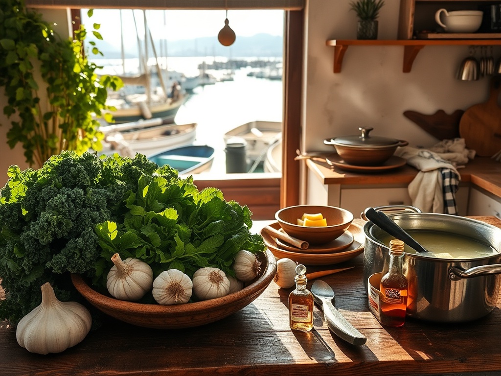 "A sunlit Minho kitchen scene with rustic wooden table, fresh greens (kale), canned cod, garlic, olive oil, peppers, and a pot simmering caldo verde; fishermen’s harbor in background."
