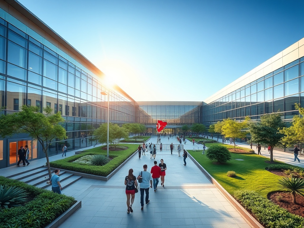 A panoramic view of a modern Portuguese hospital campus with sunlit glass buildings, lush gardens, diverse people entering, a subtle map outline of Portugal in the background, and calm blue skies.