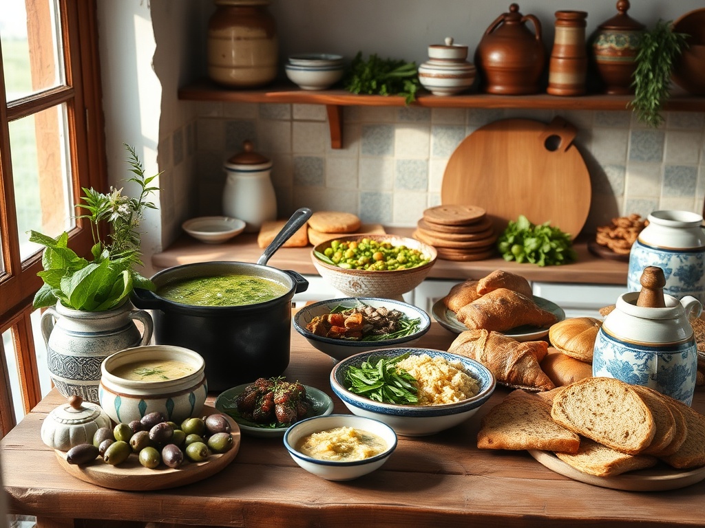 "A rustic Minho kitchen scene in cool daylight, featuring Caldo Verde in a rustic pot, Bacalhau dishes, Arroz de Pato, fresh greens, seafood, pork, and traditional pastries displayed on a wooden table with olives and regional ceramics"