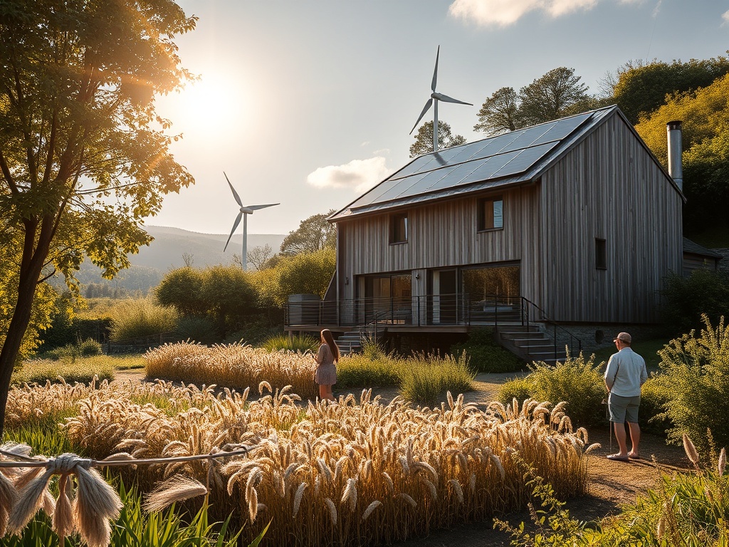 A sunlit Minho landscape with a modern passive-house, solar panels, wind or water turbine, lush permaculture gardens, flax fibers drying, people learning hands-on. "