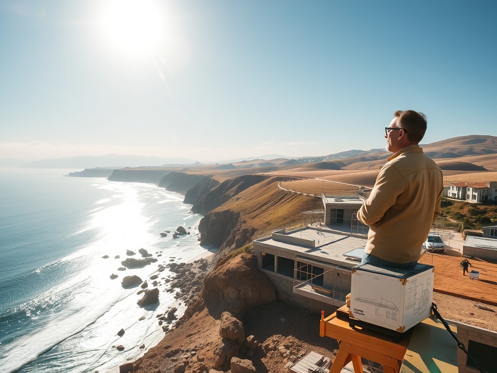 "A sunlit Portuguese coastal site with rolling hills, modern yet earthy construction, blueprint overlays, and a confident investor surveying progress from a crane beside a pristine, wind-kissed coastline."