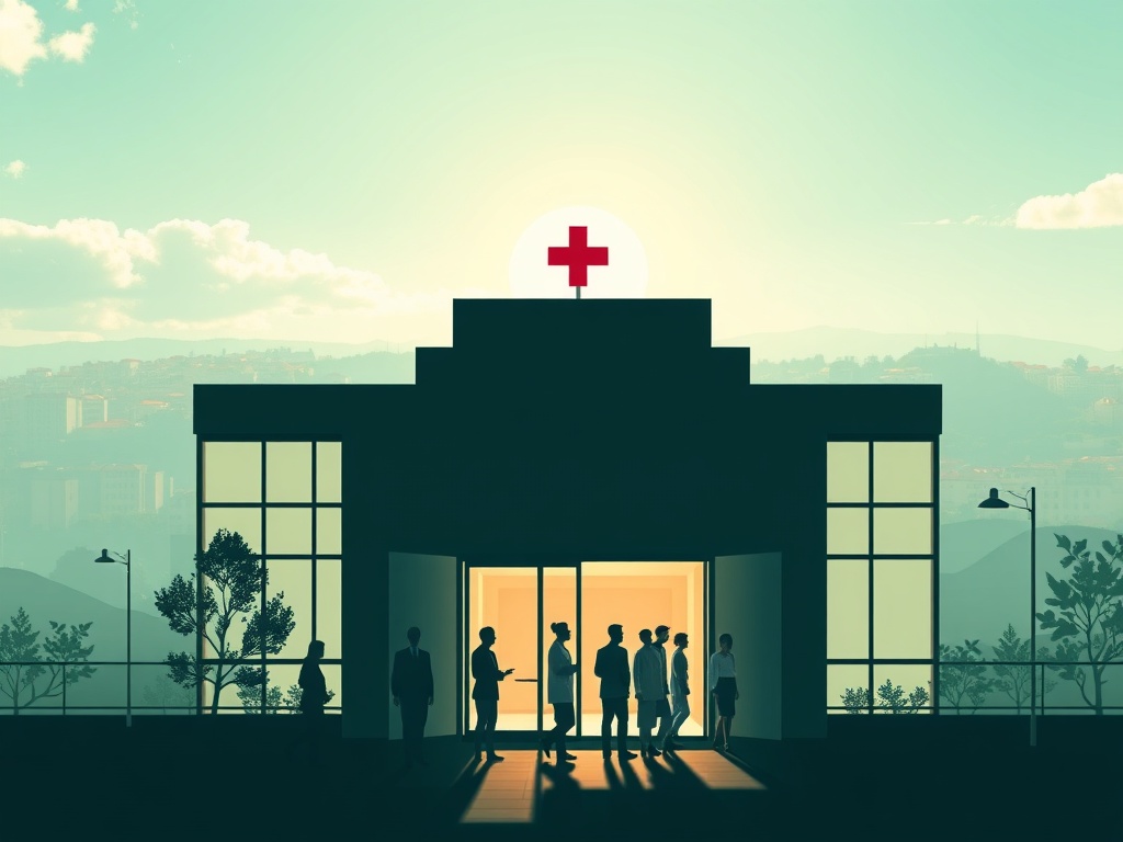 "A vibrant, sunlit Portuguese cityscape backdrop with a modern hospital silhouette, welcoming clinic doors, diverse people entering, soft greens and blues, no branding."
